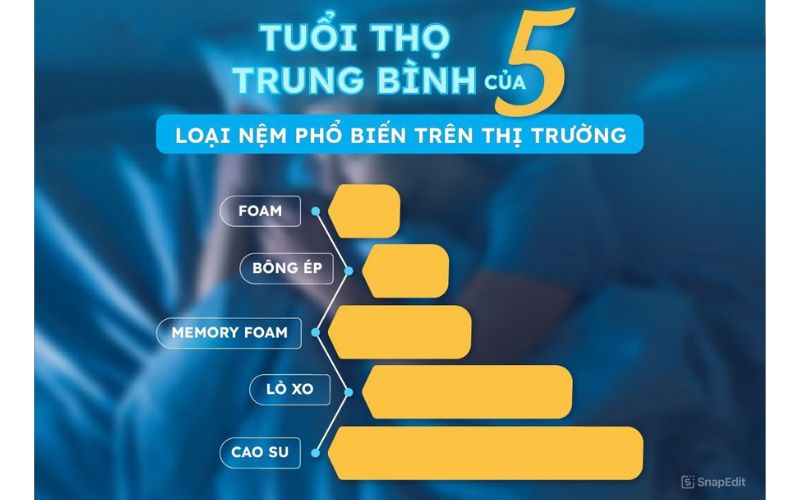 tuổi thọ trung bình nệm phổ biến trên thị trường